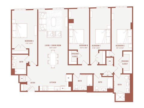 Floor plan for 4 beds, 4 baths, 505 sqft